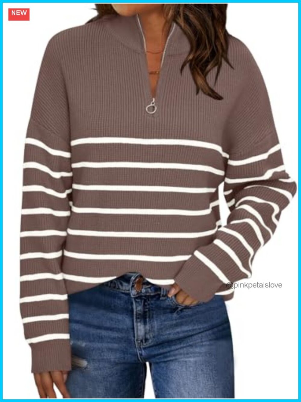 Oversized Quarter Zip Striped Sweater Ribbed Knit Pullover